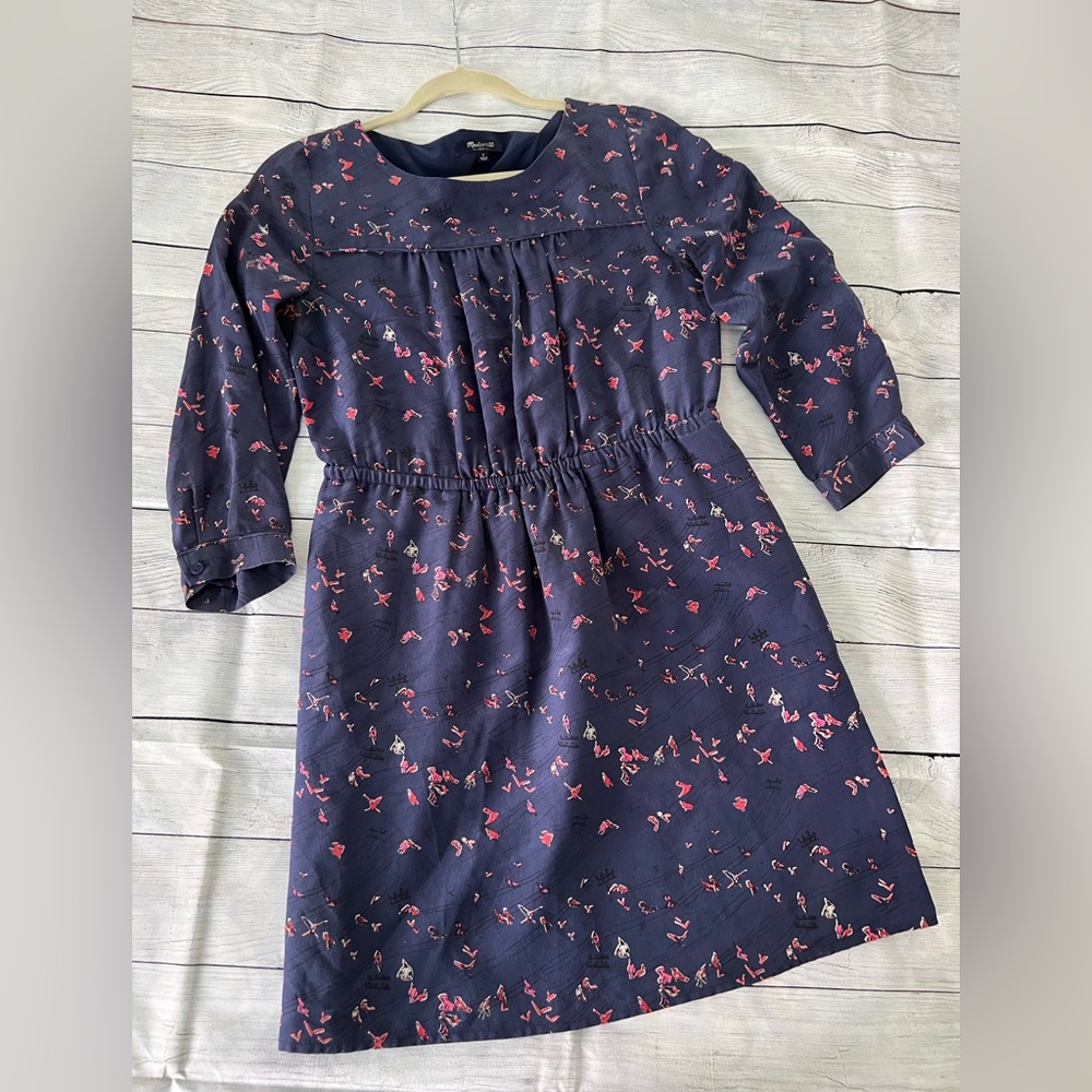 Madewell Navy Blue Silk Dress Birds Size 2 Cinched Waist 3/4 Sleeves